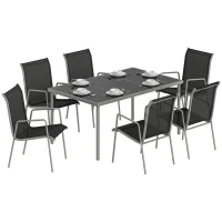 Outsunny Set da Esterno 7pz con 6 Sedie Impilabili in Texteline e Tavolino da Caffè con Piano in Vetro, Nero e Argento(m-11)
