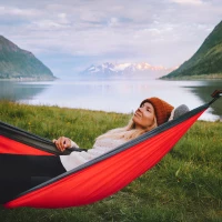 Hamaca Colgante Camping Ultraligera con Cuerdas y Mosquetones, 300x140 Cm, Rojo y Gris(m-7)