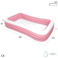 Piscina Hinchable Infantil Rectangular 3 Aros PVC 0,3 Mm, 305x183x56 Cm, Rosa y Blanco(m-4)