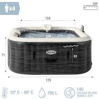 Spa Hinchable para 4 Personas Greystone Deluxe 175x175x71 Cm, Gris(m-4)