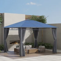 Outsunny 3 x 3.6m Hardtop Gazebo Canopy with Polycarbonate Roof, Permanent Pavilion Garden Gazebo with Curtains for Patio, Deck, Grey(m-10)