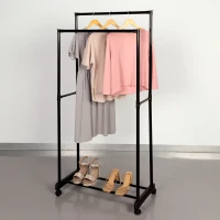 Perchero Ropa Doble con Estante y Ruedas, 75x40x157 Cm, Negro(m-2)