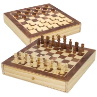 Juego 2 en 1 Ajedrez y Damas de Madera con Cajón, 30x30x5,5 Cm, Marrón y Blanco(m-1)