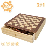 Juego 2 en 1 Ajedrez y Damas de Madera con Cajón, 30x30x5,5 Cm, Marrón y Blanco(m-3)