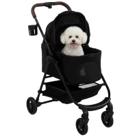 PawHut Dog Stroller, 3 in 1 Foldable Pet Stroller for Small Puppy Cat with Detachable Travel Carrier, Storage Basket, Black(m-10)