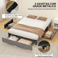 HOMCOM Cama de Casal 140x190 cm Estrado com 3 Gavetas e Estrutura Metálica Suporta 363 kg Cinzento(m-4)