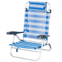 Silla de Playa Plegable Reclinable 8 Posiciones con Cojín y Asas, 74x12x65 Cm, Azul y Blanco(m-1)