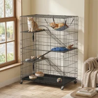 PawHut Gabbia Gatti a 4 Livelli con Amaca, Letto, Rampe e Piattaforme in Metallo con Ruote e Vassoio Estraibile, Nero(m-10)