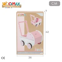 Carrito de Muñecas de Madera WOOMAX, Apto para Muñecas 30-40 Cm, 26x7x42 Cm, Blanco y Rosa(m-6)