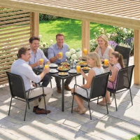 Outsunny Set da Esterno 7pz in Acciaio con 6 Sedie Impilabili in Texteline e Tavolino da Caffè con Piano in Vetro, Nero(m-9)