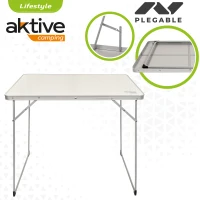 Mesa Plegable de Camping Aktive, Estructura de Acero 9,5 Mm y Tablero MDF, 80x60x70 Cm, Blanco(m-3)
