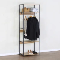 Armario Abierto con Barra Superior y 4 Estantes, 60x40x175 Cm, Negro y Madera(m-2)