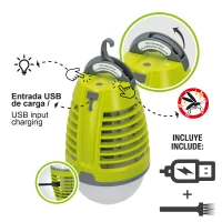 Lámpara Antimosquitos LED 2 en 1 Recargable, 9x9x15 Cm, Verde y Gris(m-5)
