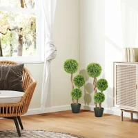 HOMCOM Set 2 Piante di Bosso Artificiale a 3 Sfere, con Vaso e Fondo Rinforzato, Altezza 90 cm, per Interno ed Esterno(m-7)