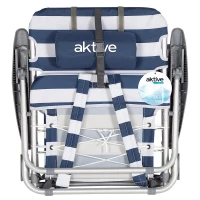 Silla de Playa Plegable Baja 4 Posiciones Cojín Bolsillo Mochila, 50x45x76 Cm, Azul Marino y Blanco(m-7)