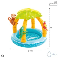Piscina Hinchable Infantil Isla Tropical con Toldo, Suelo Acolchado y 3 Animales, 102x102x86 Cm, Multicolor(m-4)