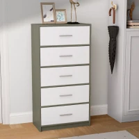 Cómoda Vertical 5 Cajones en MDF y Tela, 58x30x112 Cm, Madera y Blanco(m-2)