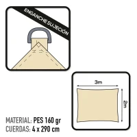 Toldo Vela Rectangular Aktive Garden Poliéster 160 G/m², 300x200 Cm, Crema(m-3)