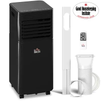 HOMCOM 5000 BTU 4-In-1 Portable Air Conditioner Cooling Dehumidifying Fan for Room up to 18m², with Remote, LED Display, 24H Timer, Wheels, Window Mount Kit, Black(m-16)