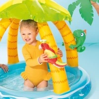 Piscina Hinchable Infantil Isla Tropical con Toldo, Suelo Acolchado y 3 Animales, 102x102x86 Cm, Multicolor(m-7)