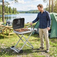 Outsunny Foldable Gas BBQ Grill with Side Table, Portable Gas Barbecue Grill with Thermometer, Grease Box, Wheels, 2.5 kW, Black(m-9)