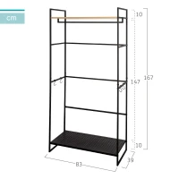 Armario Perchero Abierto Madera y Acero con Barra y 2 Estantes, 83x39x167 Cm, Madera Natural y Negro(m-4)