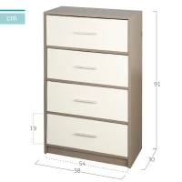 Cómoda Vertical 4 Cajones de Tela, 58x30x91 Cm, Blanco y Madera(m-4)