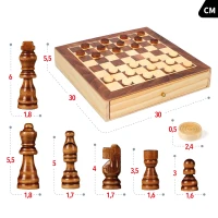 Juego 2 en 1 Ajedrez y Damas de Madera con Cajón, 30x30x5,5 Cm, Marrón y Blanco(m-4)