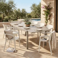 Outsunny Masă de Grădină Extensibilă pentru 6-8 Persoane, din Aluminiu cu Blat cu Lamele, Alb(m-13)