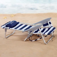 Silla de Playa Plegable Baja 4 Posiciones Cojín Bolsillo Mochila, 50x45x76 Cm, Azul Marino y Blanco(m-5)