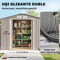 Outsunny Căsuță de Grădină din Metal cu Guri de Aerisire și Uși Duble Culisante, 2,1x1,3m, Maro Deschis(m-5)