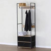Armario Abierto Estructura Metálica y Cajones Plegables, 60x40x175 Cm, Negro y Madera(m-2)
