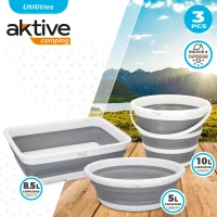 Conjunto 3 Piezas Cubos Plegables Aktive, 37x27x12 Cm, Gris y Blanco(m-2)