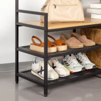 Perchero Zapatero Industrial con 4 Estantes y 15 Ganchos, 102x40x180 Cm, Negro(m-5)