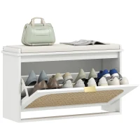 HOMCOM Banco para Sapatos Boho com Assento Acolchoado Porta de Rattan Gaveta Basculante Prateleira Ajustável 8 Pares 80x26x47,5 cm Branco(m-10)