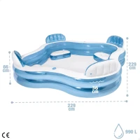 Piscina Hinchable Familiar 4 Asientos con Respaldo y 2 Posavasos, 229x229x66 Cm, Azul(m-4)