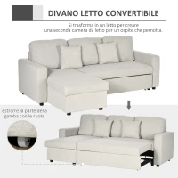 HOMCOM Divano Letto Angolare con Seduta 2 Posti e Penisola, Vano Contenitore e 2 Cuscini in Tessuto, Crema(m-4)
