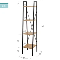 Estantería Escalera Acero y Madera 4 Estantes, 34x32x148 Cm, Negro(m-4)