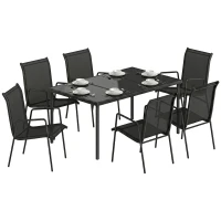 Outsunny Set da Esterno 7pz in Acciaio con 6 Sedie Impilabili in Texteline e Tavolino da Caffè con Piano in Vetro, Nero(m-11)