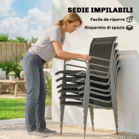Outsunny Set da Esterno 7pz con 6 Sedie Impilabili in Texteline e Tavolino da Caffè con Piano in Vetro, Nero e Argento(m-4)