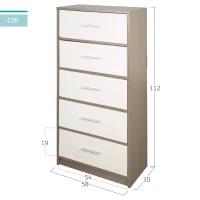 Cómoda Vertical 5 Cajones en MDF y Tela, 58x30x112 Cm, Madera y Blanco(m-4)