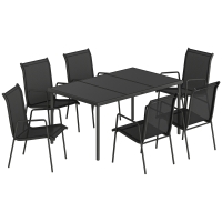 Outsunny Set de Grădină 7 piese din Oțel cu 6 Scaune Stivuibile din Textilenă și Masă de Cafea cu Blat din Sticlă, Negru