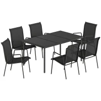 Outsunny Set de Grădină 7 piese din Oțel cu 6 Scaune Stivuibile din Textilenă și Masă de Cafea cu Blat din Sticlă, Negru(m-1)