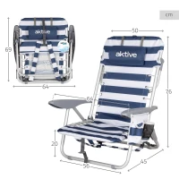 Silla de Playa Plegable Baja 4 Posiciones Cojín Bolsillo Mochila, 50x45x76 Cm, Azul Marino y Blanco(m-4)
