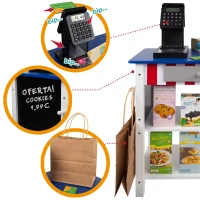 Supermercado de Juguete de Madera con Caja Registradora y 27 Accesorios, 48x30x70 Cm, Azul y Blanco(m-3)