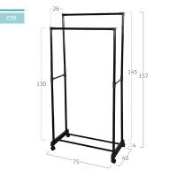 Perchero Ropa Doble con Estante y Ruedas, 75x40x157 Cm, Negro(m-4)