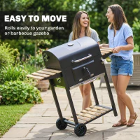 Outsunny Charcoal BBQ Grill with Height Adjustable Charcoal Pan, Barbecue Smoker with Warming Rack, 3 Shelves, Temperature Gauge, Wheels, Bottle Opener for Outdoor Cooking Garden Party(m-9)