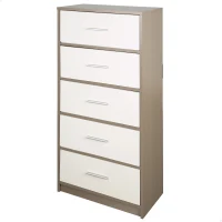 Cómoda Vertical 5 Cajones en MDF y Tela, 58x30x112 Cm, Madera y Blanco(m-1)