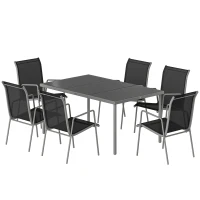 Outsunny Set da Esterno 7pz con 6 Sedie Impilabili in Texteline e Tavolino da Caffè con Piano in Vetro, Nero e Argento(m-10)