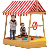 AIYAPLAY Wooden Kids Sandpit Boat Style with Canopy, 4 Seats, Rudder, Bottom Liner, for Children 3-8 Years, Yellow(m-10)